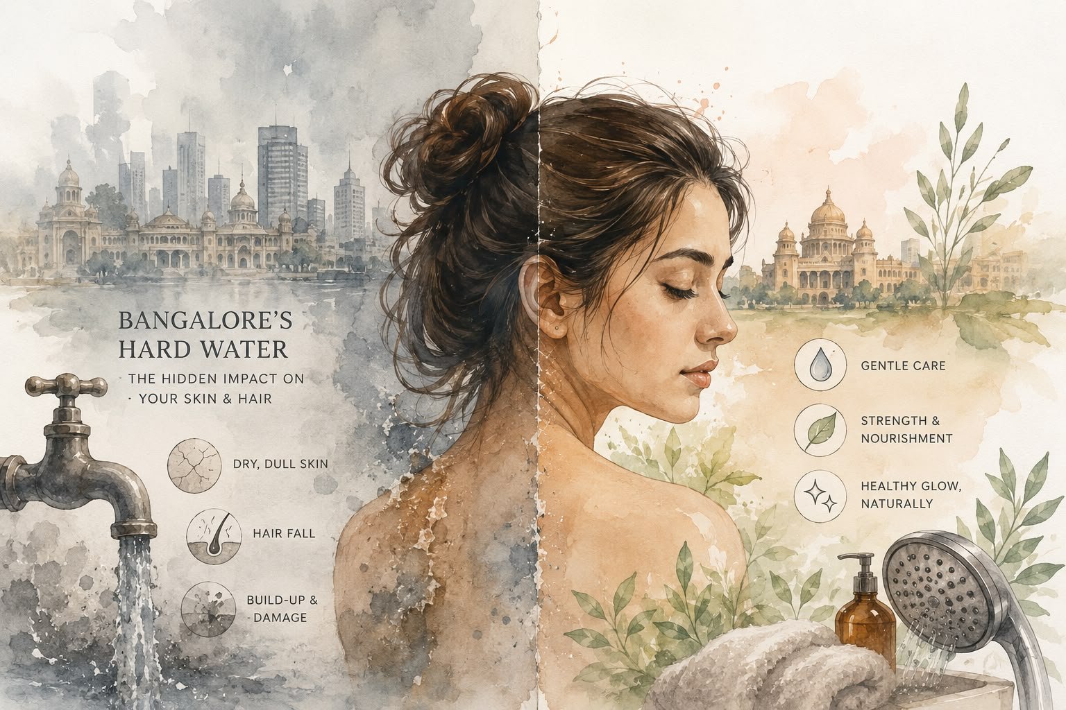 Illustration showing how Bangalore hard water may affect skin and hair