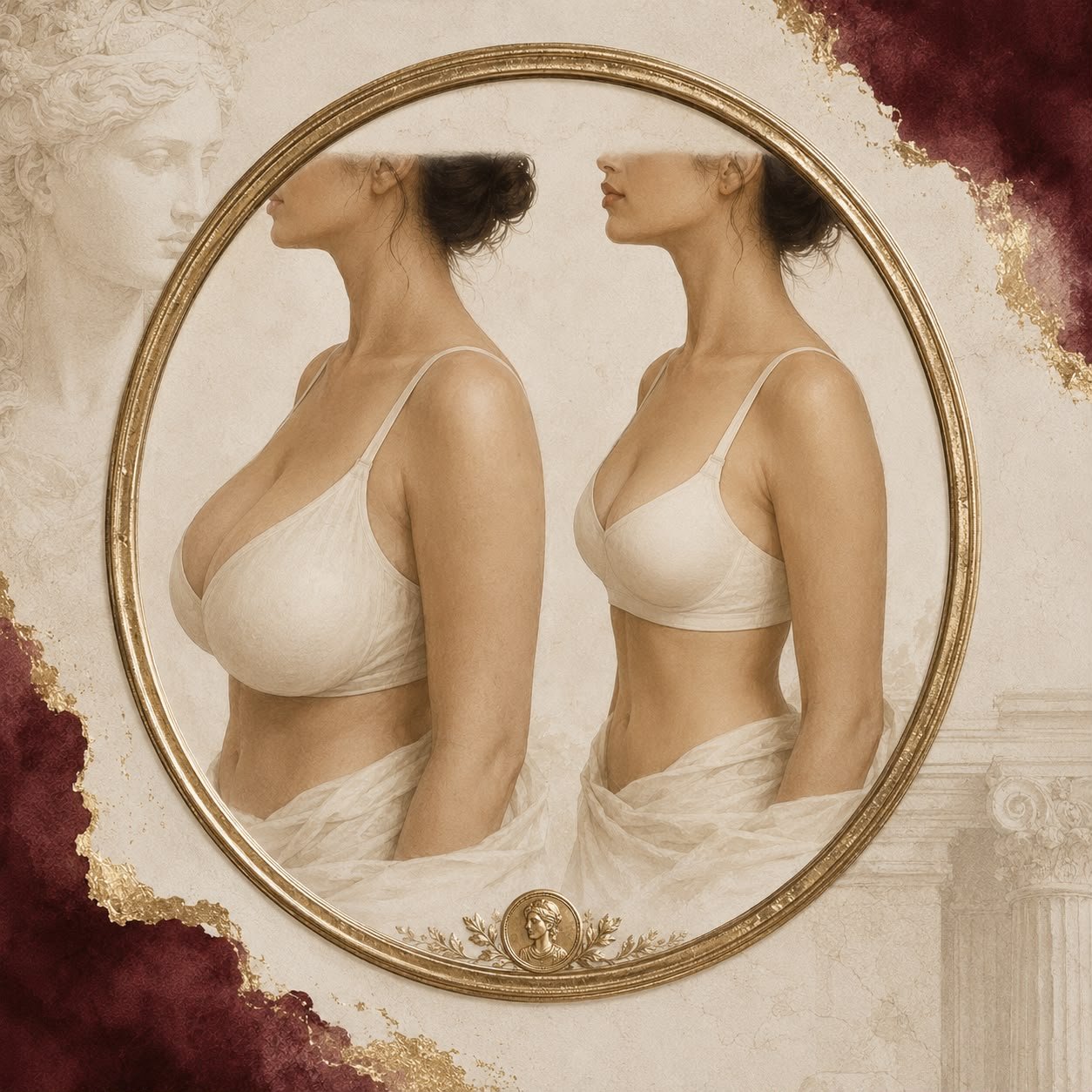 Artistic illustration showing breast size reduction and reshaping during reduction mammoplasty