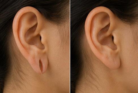 Example showing a stretched or torn earlobe and restored earlobe contour