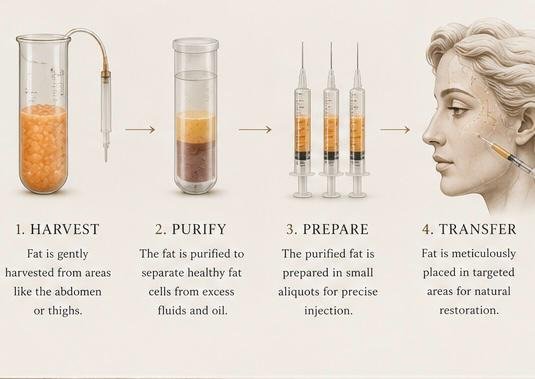 Illustration showing the steps of facial fat grafting from harvesting to transfer